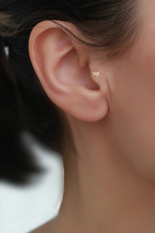 14 Ayar Altın Taşlı Kelebek Tragus Piercing Sarı