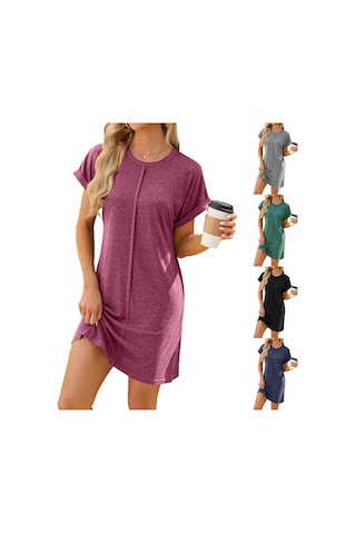 Sones Kadın Organik Pamuk Kısa Kollu Midi Elbise Rahat Bol Kesim Saf Renk İlkbahar Yaz Elbisesi Şarap Kırmızısı