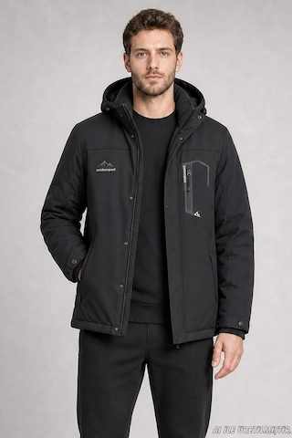 Freemen Erkek Kapüşonlu İçi Kürklü Su Ve Rüzgar Geçirmez Outdoor Softshell Mont-414 Siyah
