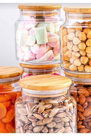 Zone 6'lı Cam Saklama Kabı Vakumlu 800ml. Bambu Kapaklı Bambu - Şeffaf