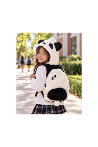 Unisex Çocuk Su Geçirmez Panda Tasarımlı Çıkarılabilir Kapüşonlu Sırt Çantası Siyah Beyaz
