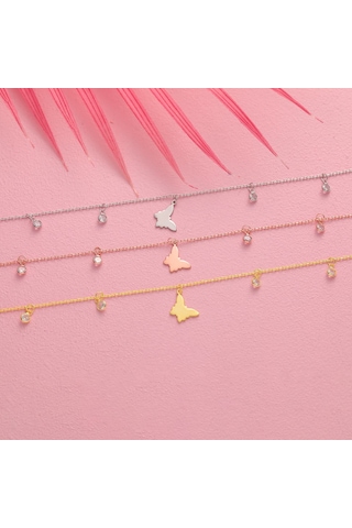 Queen Silver Jewelry 925 Ayar Gümüş Kelebek Objeli Zirkon Taş Sallantılı Halhal Altın