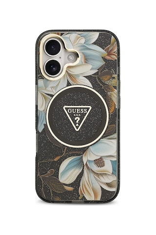 Apple Uyumlu iPhone 17 Kılıf Guess Lisanslı M-safeli Simli Çiçek Desen Metal Kamera Çerçeveli Üçgen Logolu Siyah Siyah