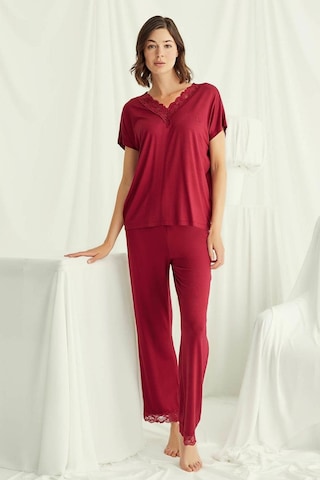 Monamise 18495 Kadın V Yaka Kısa Kollu Pijama Takımı-kırmızı Kırmızı