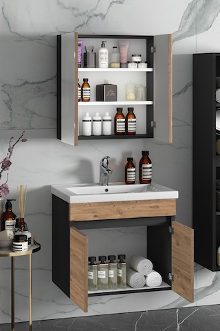 Çiğdem 65 Cm Antrasit Gri Mat-Atlantik Çam Mdf Seramik Lavabolu A Antrasit - Atlantik Çam