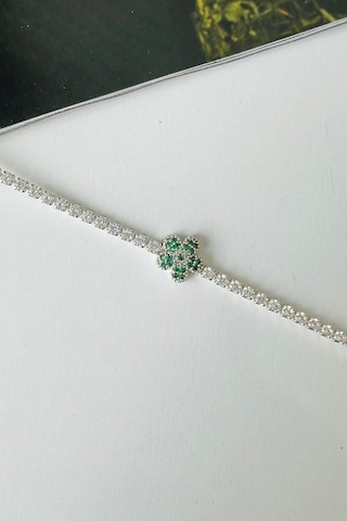 Allmisse Gümüş Kaplama Zirkon Taşlı Yeşil Çiçek Detaylı Su Yolu Bileklik - Silver Çok Renkli