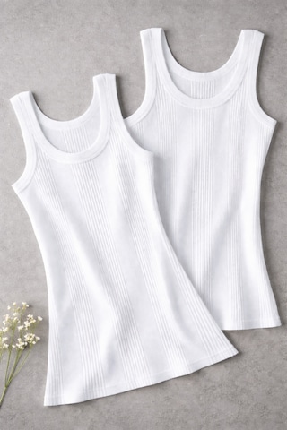Demirsa Boutique Pamuklu Penye Kaşkorse Kumaş Kalın Askılı Oval Yaka Beyaz Renk Kadın 2'li T-shirt Atlet Beyaz