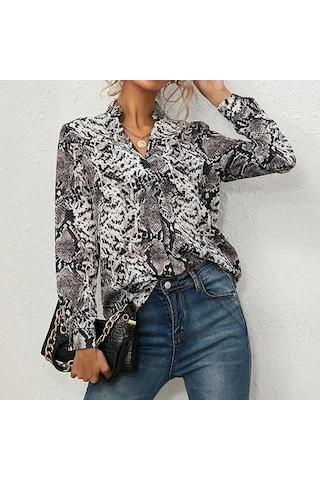 Baskı Yılan Vintage Kadın Uzun Kollu Gömlek İlkbahar Ve Sonbahar Moda Rahat Kadın Bluz Ofis V Yaka Kadın Gömlekleri Üst Giyim 22096 Gri