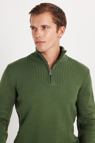 Tudors Erkek Slim Fit Dar Kesim Armürlü Fermuarlı Yeşil Dik Yaka Kazak-34920 Yeşil