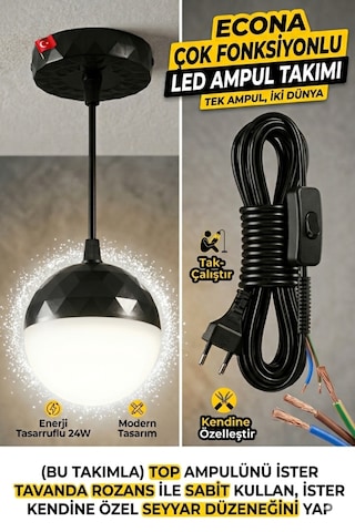 24w Çok Fonksiyonlu Led Top Ampul Takımı ,hem Tavan Askılı Hem Seyyar Fişli Kablolu Set,fişli Taşınabilir Gece Lambası