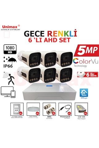 Unımax 5mp Sony Lens 6 Kameralı Güvenlik Seti 100m Kablo 30m Gece Görüş Xmeye Warmled