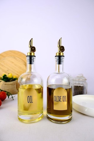 Digithome 2'li Zeytinyağı Ve Sıvıyağ Şişesi Otomatik Kapaklı Gold Etiketli Yağdanlık 500 Ml - H/3 C1-1-289