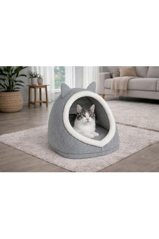 Gobypet Alas Gri Keçe Kedi Ve Köpek Evi Yatağı Kapalı Tasarım, Sıcak Ve Yumuşak Pet Yuvası, Kaymaz Paspas Set