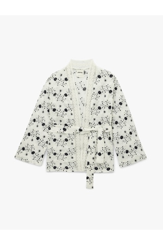Koton Pamuklu Uzun Kollu Kemerli Desenli Brodeli Kimono Ceket Lacivert Desenli 6sak50016pw