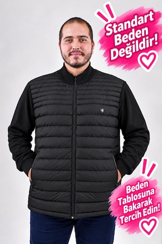 Büyük Beden Erkek Elyaf Dolgulu Fermuarlı Dik Yaka Cepli Mont Ramon Miele Siyah