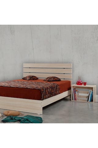 Pasifichome Huga Çift Kişilik Ahşap Karyola Komodin Takım Meşe 140 Cm