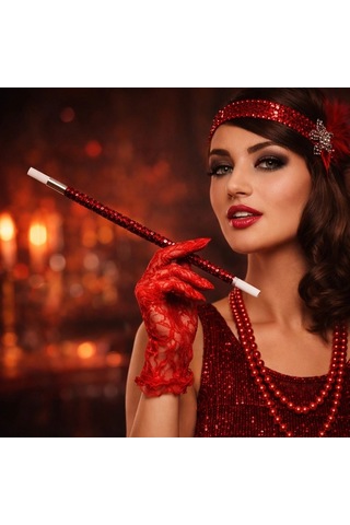 30 Cm Kırmızı Payetli Tutacağı 1920 Ler Gatsby Parti Aksesuarı