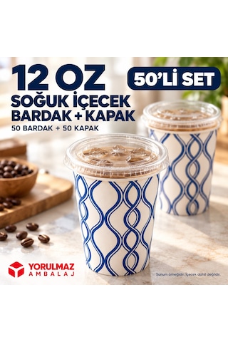 12 Oz Kapaklı Karton Bardak 50 Adet Soğuk İçecek Uyumlu Sızdırmaz Kağıt Bardak