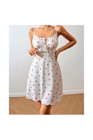 Doğu Collection Kadın Çilek Desenli Beyaz Renk Pamuk Pijama Takımı 13007
