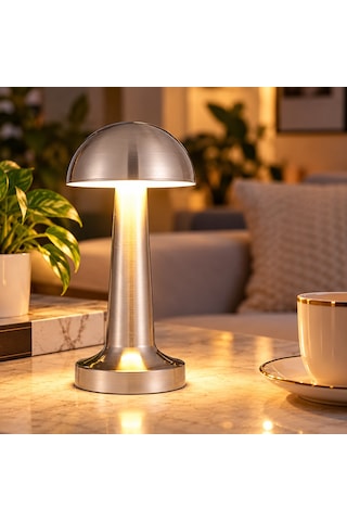 Modern Tasarımlı Led Masa Lambası - 3 Mod Metalik Gümüş Renk Dekoratif Abajur, Şık Ve Minimalist Masaüstü Aydınlatma Gri