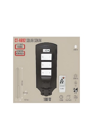 Cata Ct-4692 Solar Güneş Enerjili Uzaktan Kumandalı Bahçe Sokak Aydınlatma Lambası 6400k 180w ANTRASİT