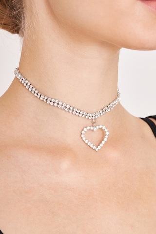 Kadın Largo Kalp Model Kristal Zirkon Taşlı Gümüş Choker Gümüş