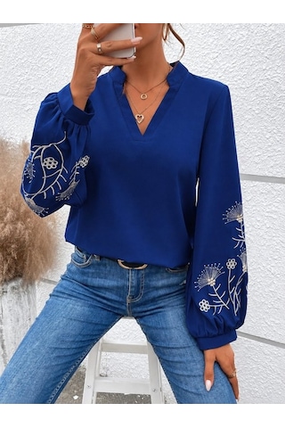 Suma Kadın Uzun Kollu Viskon Bluz Çiçek Desenli Kollar Lacivert 2xl-3xl