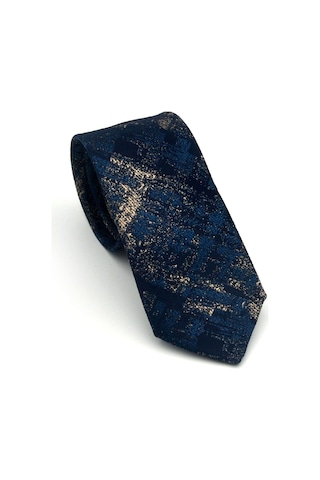 Gaffy Bej Desenli Petrol Mavi Dokuma Kumaş Mendilli Slim Fit Kravat // Sdk-2608-5 Mavi