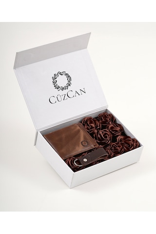 Premium Gift Rose Box - M.utd Kahve Hakiki Deri Cüzdan - Kartlık - Anahtarlık Ve Kahve Gül Kutusu Antik Kahve