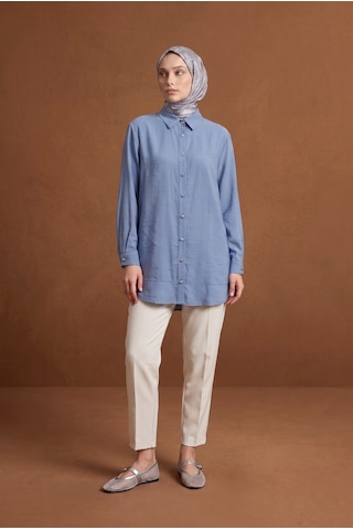 Armine Trend Gold Düğme Detaylı Klasik Yaka Uzun Tunik Rahat Kesim Şık Tesettür Tunik Modeli 89 Cm Boy Mavi 26yt471