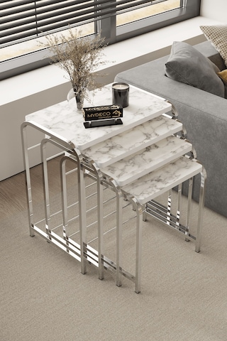 Defne 4' Lü Zigon Sehpa Gümüş Ayak Beyaz Mermer Desen 18 Mm Mdf Gümüş - Beyaz Mermer