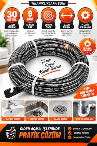 9 Mm 30 Metre Kanal Açıcı Spiral Tel Uzun Erişimli Esnek Gider Açma Susta Teli