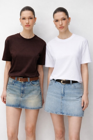 Mixray 48511 Kadın Oversize Basic %100 Pamuk 2 Li T-shirt Kahve Beyaz Kahverengi - Beyaz