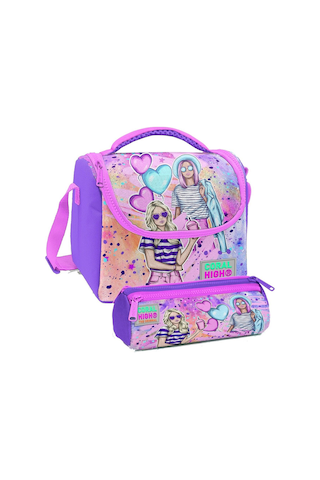 Coral High Pembe Mor Fashion Girl Desenli Kız Çocuk Isı Yalıtımlı Beslenme Çantası Ve Kalemlik Seti