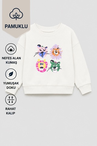 Monila Kız Çocuk 3 İplik Kumaş Pamuklu Hayvan Baskılı Sweatshirt Ekru