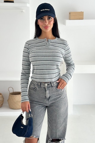 Noa & Noa Kadın Çizgili Düğme Detaylı Bluz Retro Stripe Gri