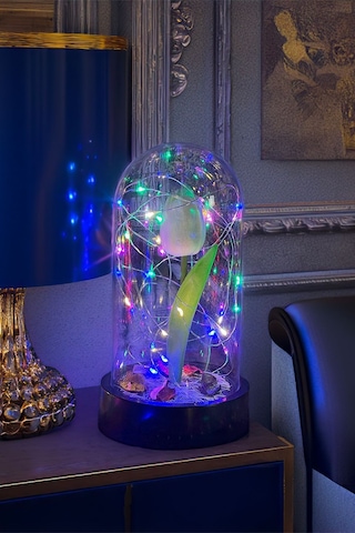 Anneler Gününe Özel Beyaz Lale Rgb Peri Ledli Fanus Lamba Usb'li Yapay Çiçek Dekoratif Hediyelik