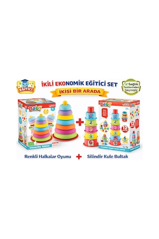 2'li Bebek Gelişim Seti Silindir Kule Bultak + Sallanan Halkalar Eğitici Oyuncak