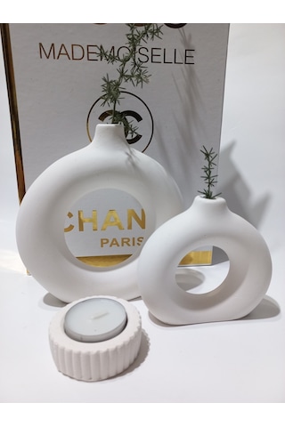 İkili Donat Vazo Mumluk Beyaz