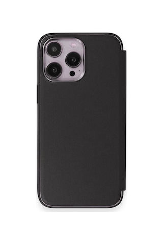 Apple Uyumlu iPhone 14 Pro Kapaklı Kılıf Parmak Izi Bırakmaz Dışı Deri Içi Süet Tasarım Siyah