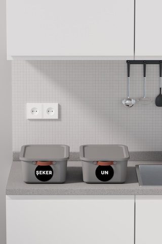 2 Li Bakliyat Erzak Saklama Kabı Un Şeker Saklama Kutusu Kapaklı Kulplu Plastik Saklama Kabı Gri