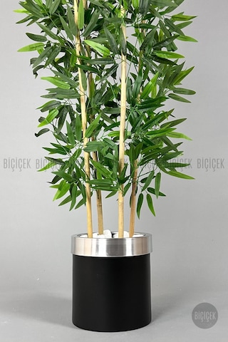 Yapay Bambu Ağacı 140cm Siyah Gümüş Metal Saksıda Siyah-silver