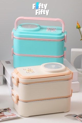 Uzspace 1200 Ml İki Kat Dört Bölme Paslanmaz Çelik Lunch Box Yeni Nesil Sefer Tası-sos Kaseli Model-fflbox8023 Bej
