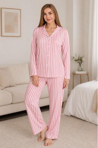 Süet Kadın Pembe Beyaz Çizgili Pijama Takımı Açık Pembe - Pudra