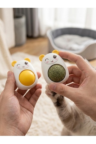 Sarı Sevimli Karakter Tasarımlı Dönen Kedi Nanesi Topu - Duvara Yapışan Doğal Catnip