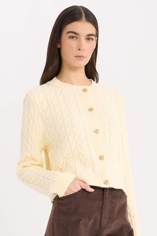 DeFacto Regular Fit Bisiklet Yaka Saç Örgülü Düğmeli Triko Hırka C9044AX24WNER109 Ekru