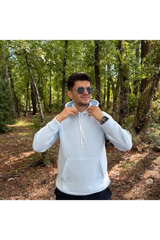 Erkek 3 İplik Basic Oversize Kanguru Cepli Kapüşonlu Sweatshirt Açık Mavi