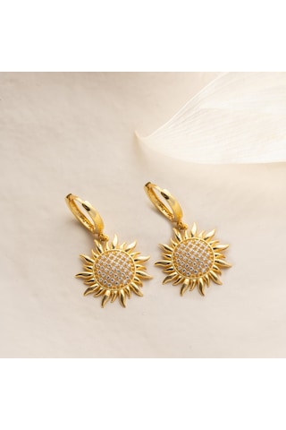 925 Ayar Gümüş Taşlı Ay Çiçeği Küpe Gold