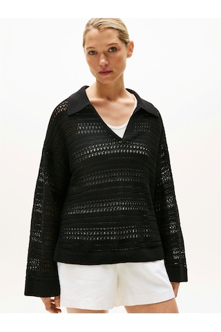 Tommy Hilfiger Crochet Rlx Ls Polo Swt Kadın Siyah Kazak - Ww0ww46524 Siyah