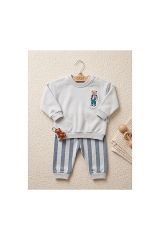 Çıtırkids Erkek Bebek Ayıcık Nakışlı Çizgili İki İplik Pamuklu Sweatshirt Alt Üst Takım Gri